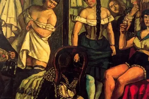 Escena de burdel con mujeres y una anciana con abanico, obra de José Gutiérrez Solana.