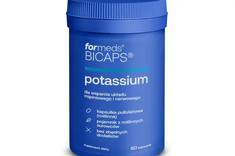 Niebieski suplement diety Formeds BICAPS Potassium. Potas na co pomaga? Wspiera układ mięśniowy i nerwowy. 60 kapsułek.