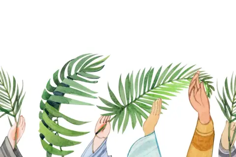 Hände halten Palmwedel hoch, wie es am Palmsonntag passiert.