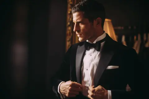 Uomo elegante con smoking e papillon, pronto per un evento speciale.
