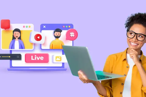 Frau mit Laptop denkt über ihren Fernkurs Buchhaltung nach. Online-Lernen mit Live-Videos und Chat-Funktion.