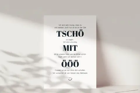 Abschiedskarte mit lustigem Text für einen Kollegen: "Tschö mit Ö" statt "Tschö mit O". Wir wünschen dir alles Gute!