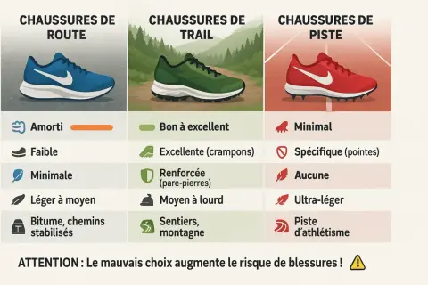 Tableau comparatif des chaussures de route, trail et piste. Il détaille la différence chaussure trail et running, leurs caractéristiques et usages.