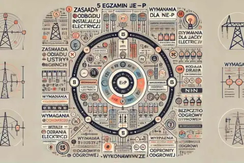 Schemat egzaminu na uprawnienia budowlane elektryczne. Diagram przedstawia zasady, wymagania i odpowiedzialność.
