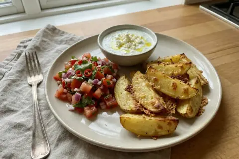 En tallrik med ugnsrostad potatis, färsk tomatsalsa och en krämig dipp. Perfekt för en härlig grillkväll!