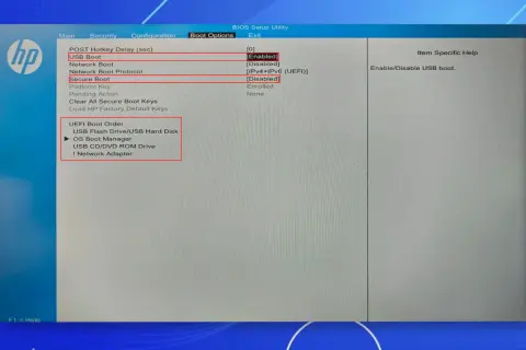 Ustawienia BIOS HP. Widoczna opcja "UEFI Boot Order", gdzie można wybrać kolejność bootowania, np. z pendrive'a z systemem Linux.