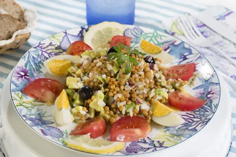 Deliciosa ensalada de lentejas y arroz con huevo duro, tomate, aguacate y aceitunas, servida en un plato con motivos marinos.