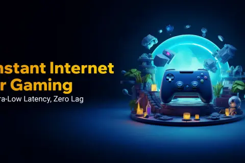 Experience instant internet and gaming with ultra-low latency. A controller sits on a platform surrounded by floating game elements, symbolizing zero lag.