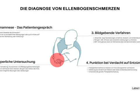 Schema zur Diagnose von Ellenbogenschmerzen, mit Fokus auf Anamnese, Untersuchung, Bildgebung und Punktion. Ein roter Kreis markiert den Bereich des capitulum humeri.