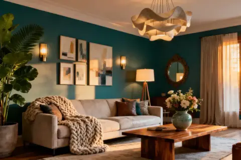 A cozy living room with a plush sofa, chunky knit throw, and abstract art. This space shows how to decorate a room with warm lighting and natural elements for a serene atmosphere.