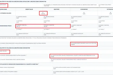 Fragment formularza ZUS z zaznaczonymi polami dotyczącymi składek i podstawy wymiaru.