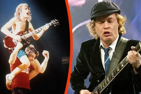 AC/DC na żywo: jeden z członków zespołu gra na gitarze, siedząc na ramionach drugiego. Obok, Angus Young w czapce i marynarce, grając na gitarze. To są ich największe przeboje.