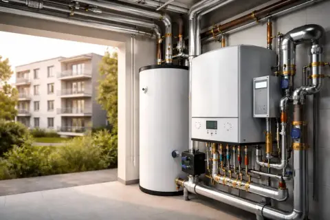 Moderne Heizungsanlage mit Gastherme und Warmwasserspeicher, die in Mehrfamilienhäusern für Wärme sorgt. Ein Gasheizung Verbot in Mehrfamilienhäusern rückt näher.