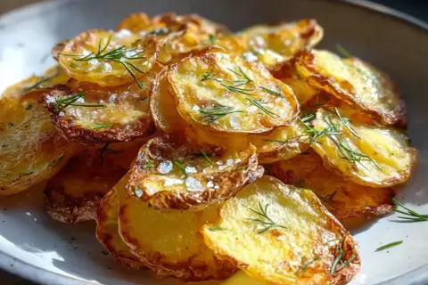 En hög med gyllene, råstekt potatis, toppad med färsk dill och flingsalt. Perfekt som tillbehör.