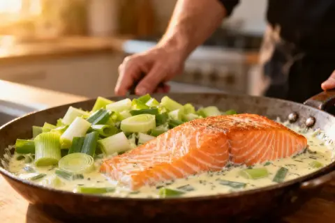Un pavé de saumon cuit dans une sauce crémeuse avec des poireaux coupés. Une recette fondue de poireaux simple et savoureuse.