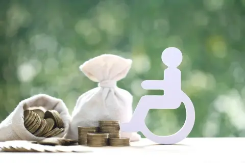 Symbol osoby na wózku inwalidzkim obok worków z pieniędzmi i monet. Świadczenie wspierające 2025.