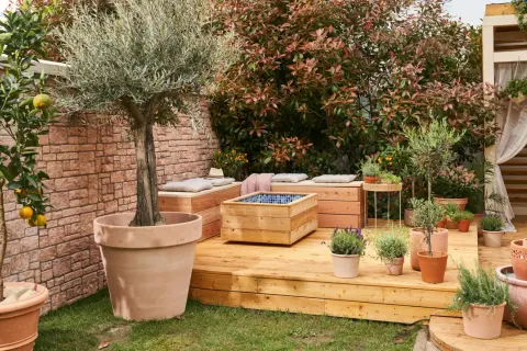 Eine **Terrasse mediterran gestalten** mit Olivenbaum, Zitruspflanzen und vielen Kräutern in Terrakotta-Töpfen. Holzdeck und Steinmauer schaffen südländisches Flair.
