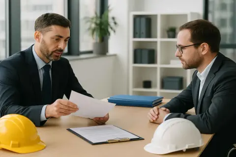 Due uomini d'affari discutono documenti. Sul tavolo, elmetti gialli e bianchi, simboli della sicurezza sul lavoro. Il responsabile del servizio di prevenzione e protezione viene nominato dal datore di lavoro.