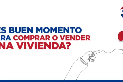 ¿Es buen momento para comprar vivienda? Un dedo señala un gran signo de interrogación rojo. Logo de RE/MAX.