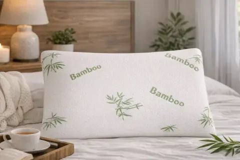 A white pillow with "Bamboo" embroidered in green, featuring a subtle bamboo leaf design. Imagine the fresh, clean bamboo pillows smell as you rest.
