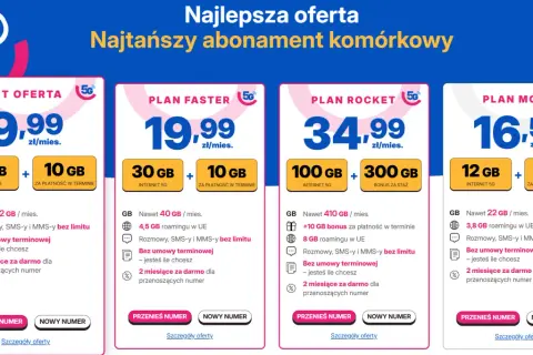 Najtańszy abonament komórkowy: 4 plany z różnymi pakietami danych i cenami, od 9,99 zł/mies. z 22 GB.