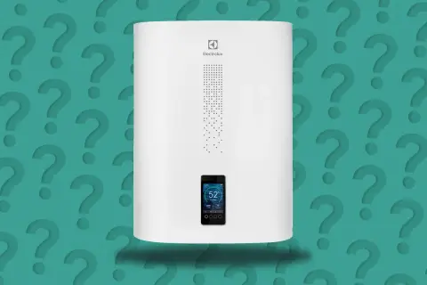 Bojler elektryczny Electrolux z cyfrowym wyświetlaczem. Czy bojler elektryczny powinno się wyłączać? Tysiące znaków zapytania sugeruje dylemat.