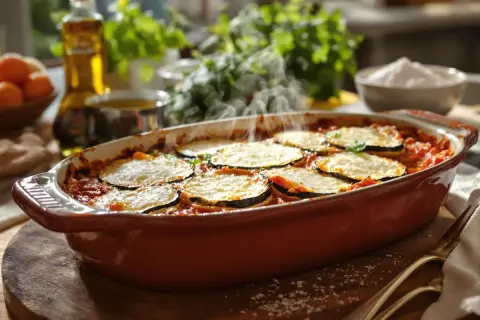 Un plat fumant d'aubergine parmigiana, avec des couches d'aubergines grillées, de sauce tomate et de fromage, prêt à être dégusté.