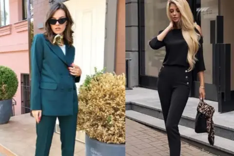 Eleganckie stylizacje, które podpowiedzą, jak ubrać się do sądu: ciemnozielony garnitur i czarny komplet.