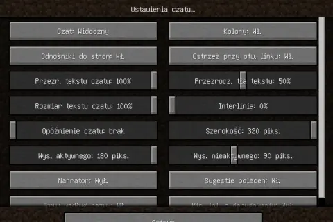 Ustawienia czatu w Minecraft. Aby wyłączyć narratora, znajdź opcję "Narrator: Wył." i kliknij ją.
