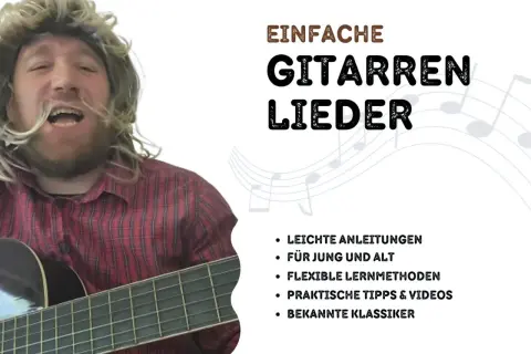 Mann mit Perücke spielt Gitarre. Text: Einfache Gitarrenlieder, leichte Anleitungen für jung und alt.