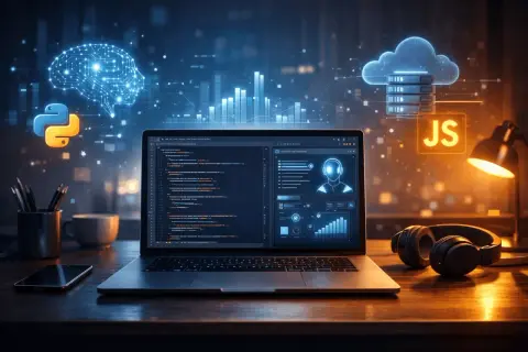 Programista analizuje wymagania, widząc kod, mózg AI, chmurę i ikony Python i JS.