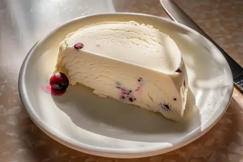En bit krämig semifreddo med bär på en vit tallrik, redo att avnjutas. Ett perfekt semifreddo recept.