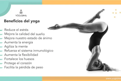 Yoga: reduce estrés, mejora sueño, refuerza el sistema inmune y más. Mujer en postura de yoga invertida.