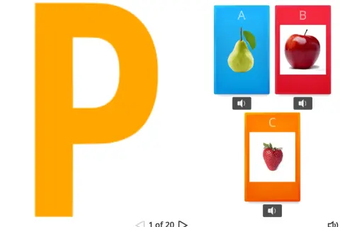 Letra P gigante junto a tarjetas con una pera (A), manzana (B) y fresa (C). Un juego para aprender con p.