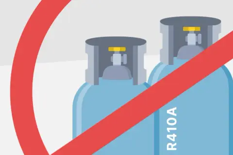 Verbotsschild über zwei blauen Gasflaschen mit der Aufschrift "R410A".