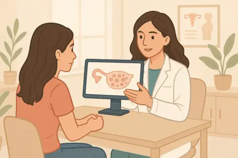 Une médecin explique à une patiente une image d'ovaire kystique, évoquant le diagnostic SOPK.