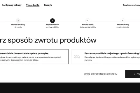 Wybieram sposób zwrotu produktów, ad vocem x. Mogę wysłać paczkę samodzielnie lub dostarczyć ją osobiście do punktu obsługi zwrotów.