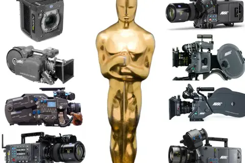 Złoty Oscar i różne kamery filmowe, od starych po nowoczesne, przypominają, kiedy wynaleziono kamerę i jak ewoluowała sztuka filmowa.