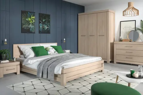 Sypialnia w stylu co to feng shui: łóżko, szafa, komoda, stolik nocny, dywan i dekoracje.