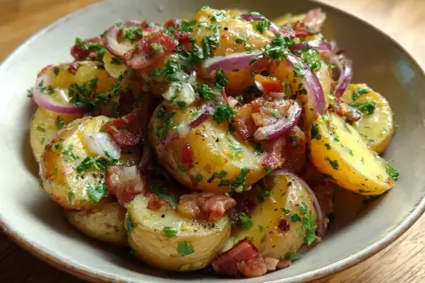 En skål med tysk potatissallad, full av potatis, rödlök, knaperstekt bacon och färsk persilja.