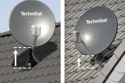 Dwie anteny satelitarne TechniSat na dachu. Wymiana anteny dachowej może wymagać regulacji wysokości mocowania.