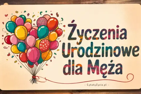 Kolorowe balony unoszą się nad napisem "Życzenia Urodzinowe dla Męża". Idealny wierszyk na urodziny!