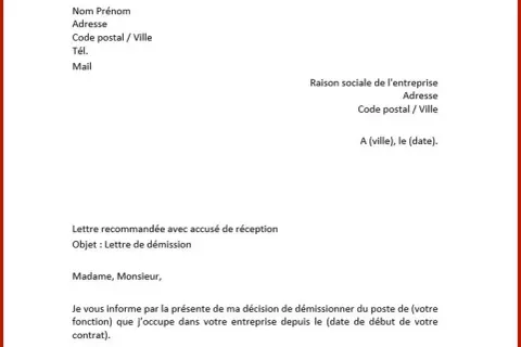 Exemple de lettre de démission. Ce document officiel, envoyé en recommandé, annonce la décision de quitter son poste.