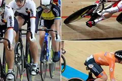 Kolarze w akcji podczas wyścigu keirin. Dynamiczne ujęcia pokazują zawodników na torze, skupionych na rywalizacji.