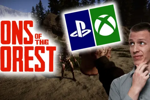 Sons of the Forest" Logo mit PlayStation- und Xbox-Symbolen. Ein Mann denkt nach, während im Hintergrund ein mutierter Gegner lauert. Kommt das Spiel für die PS5?