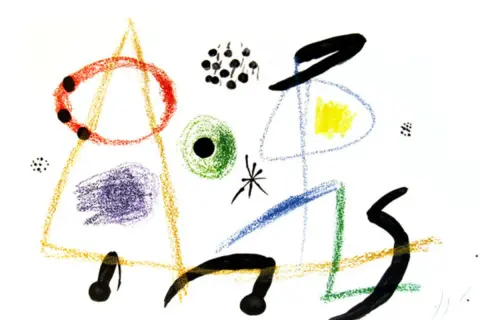 A whimsical Miro artist creation with abstract shapes: red circle, yellow square, blue and green lines, and black forms.