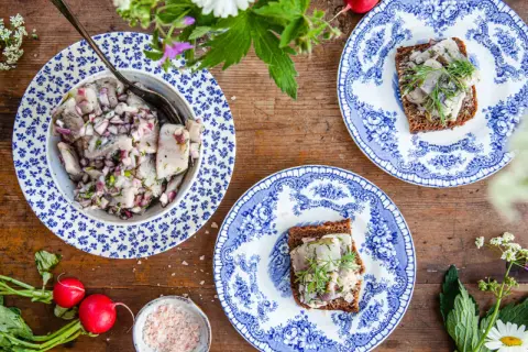 Brantevikssill recept på en vacker blåvit tallrik, med sill, rödlök och dill. Serveras på mörkt bröd.