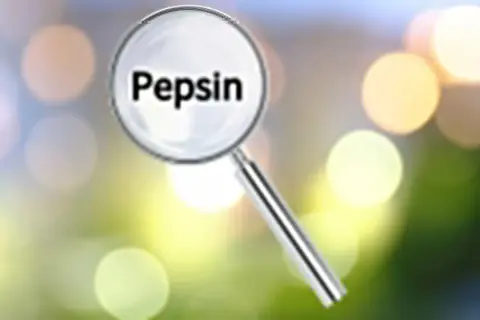Lupa powiększa napis "Pepsyna". Co to jest pepsyna? To enzym trawienny.