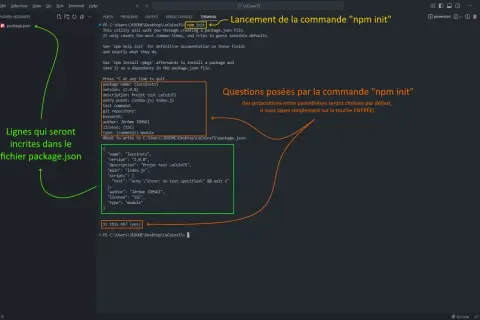 Exemple de `npm init` : le terminal pose des questions pour créer `package.json`. Les réponses sont affichées, puis le contenu final du fichier.