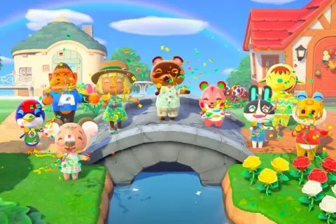 Urocza scena z gry Animal Crossing na PC. Zwierzątka świętują na moście, sypiąc konfetti.